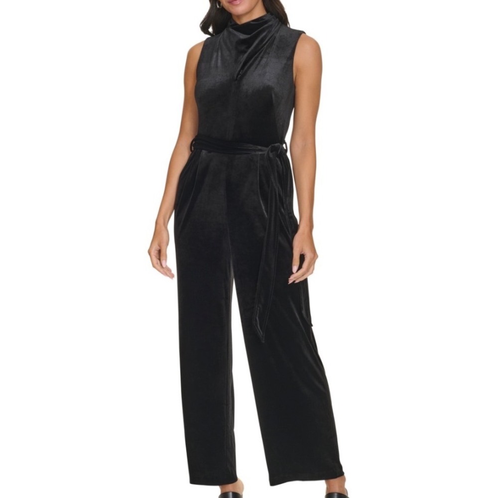 Calvin Klein Velvet Jumpsuit Women 16 NEW Mock Neck Belted Black MSRP $169